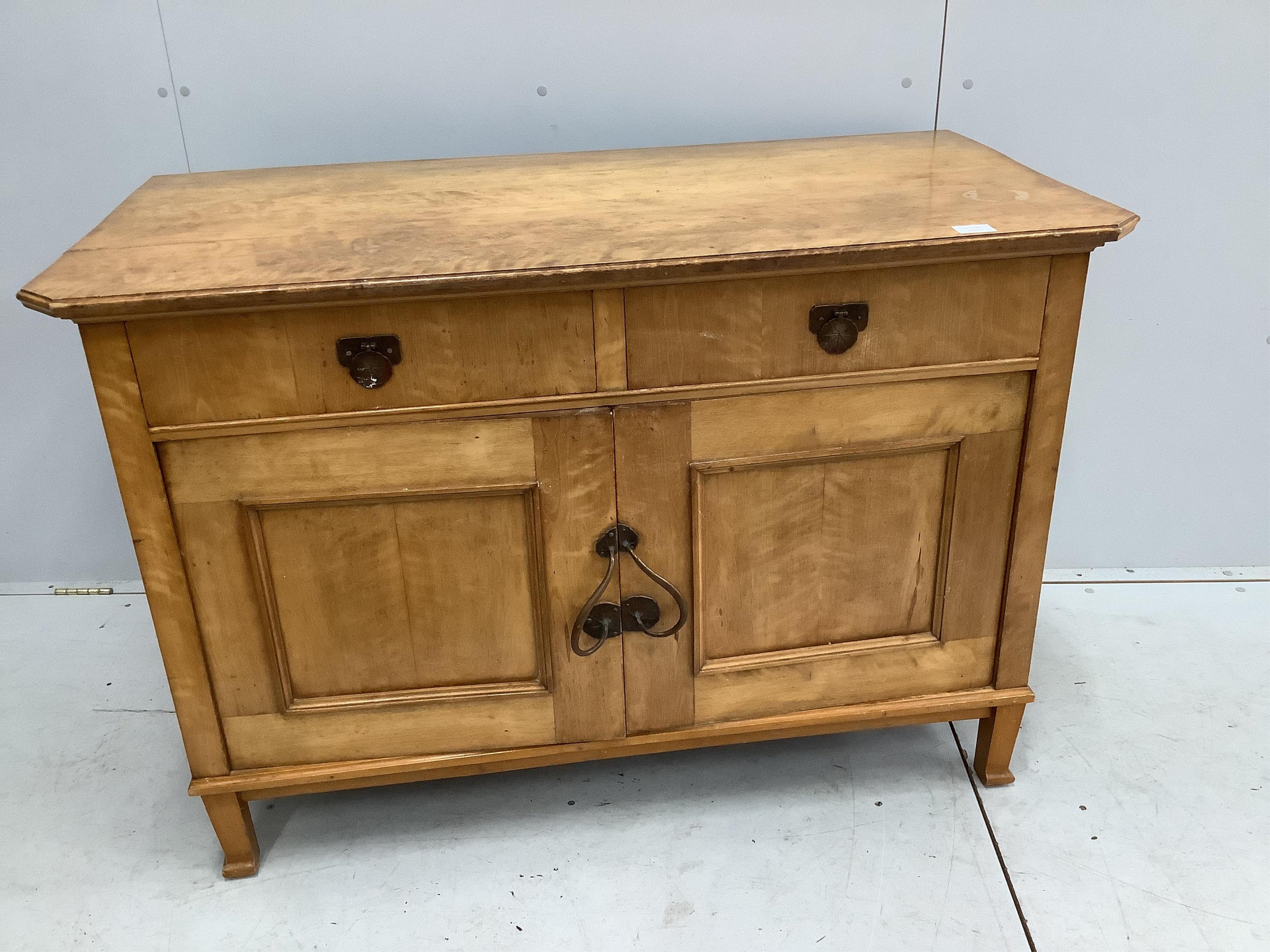 A Swedish Arts and Crafts birch commode, width 120cm, depth 61cm, height 83cm. Condition - fair